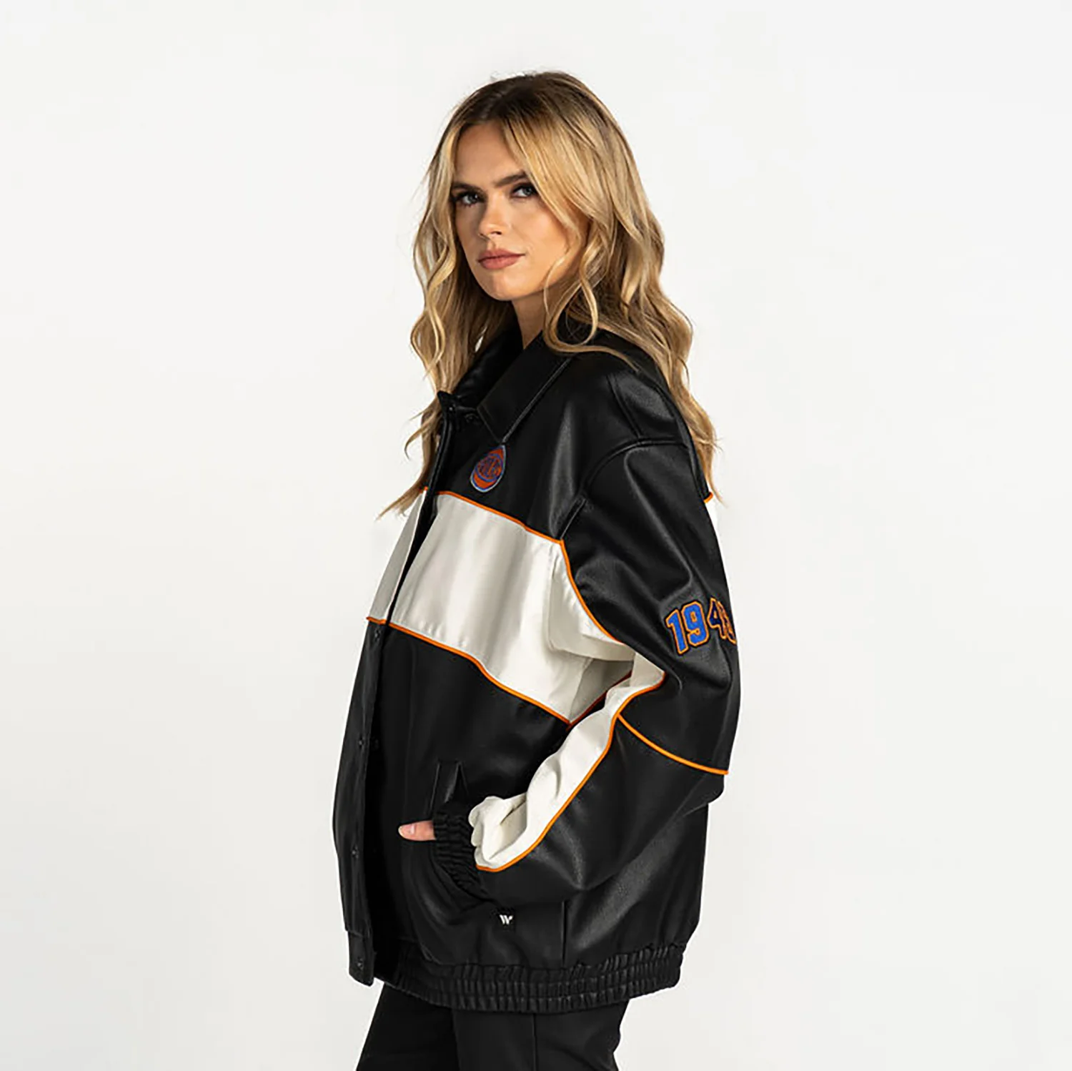 Wild Collective Knicks Faux Leather Racing Jacket - Image 4