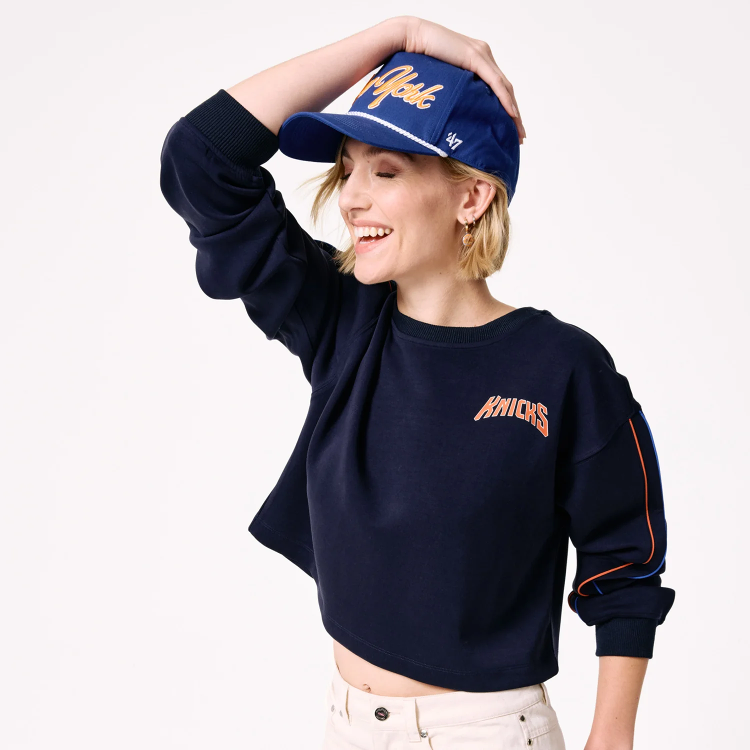 Terez Knicks Navy Piping Crop Crewneck - Image 3