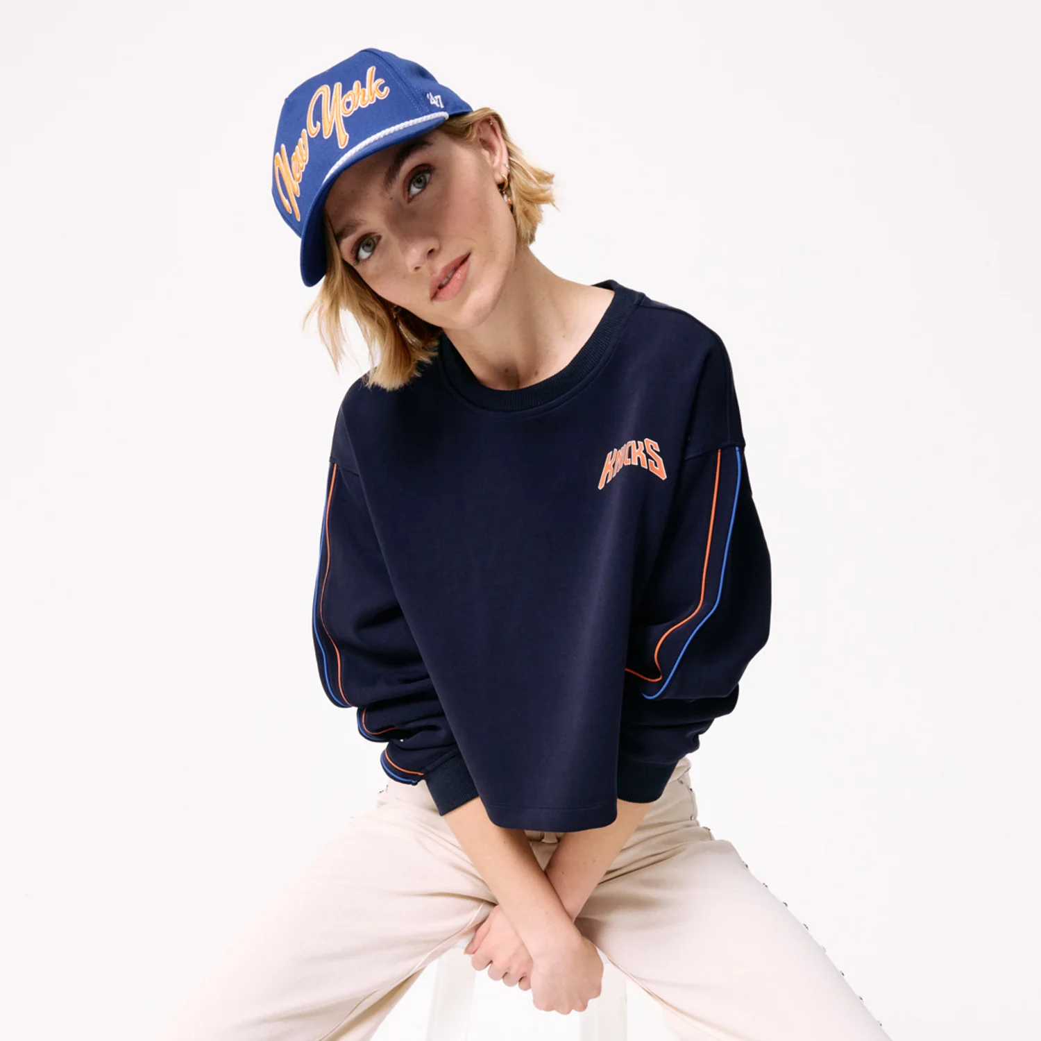 Terez Knicks Navy Piping Crop Crewneck - Image 5
