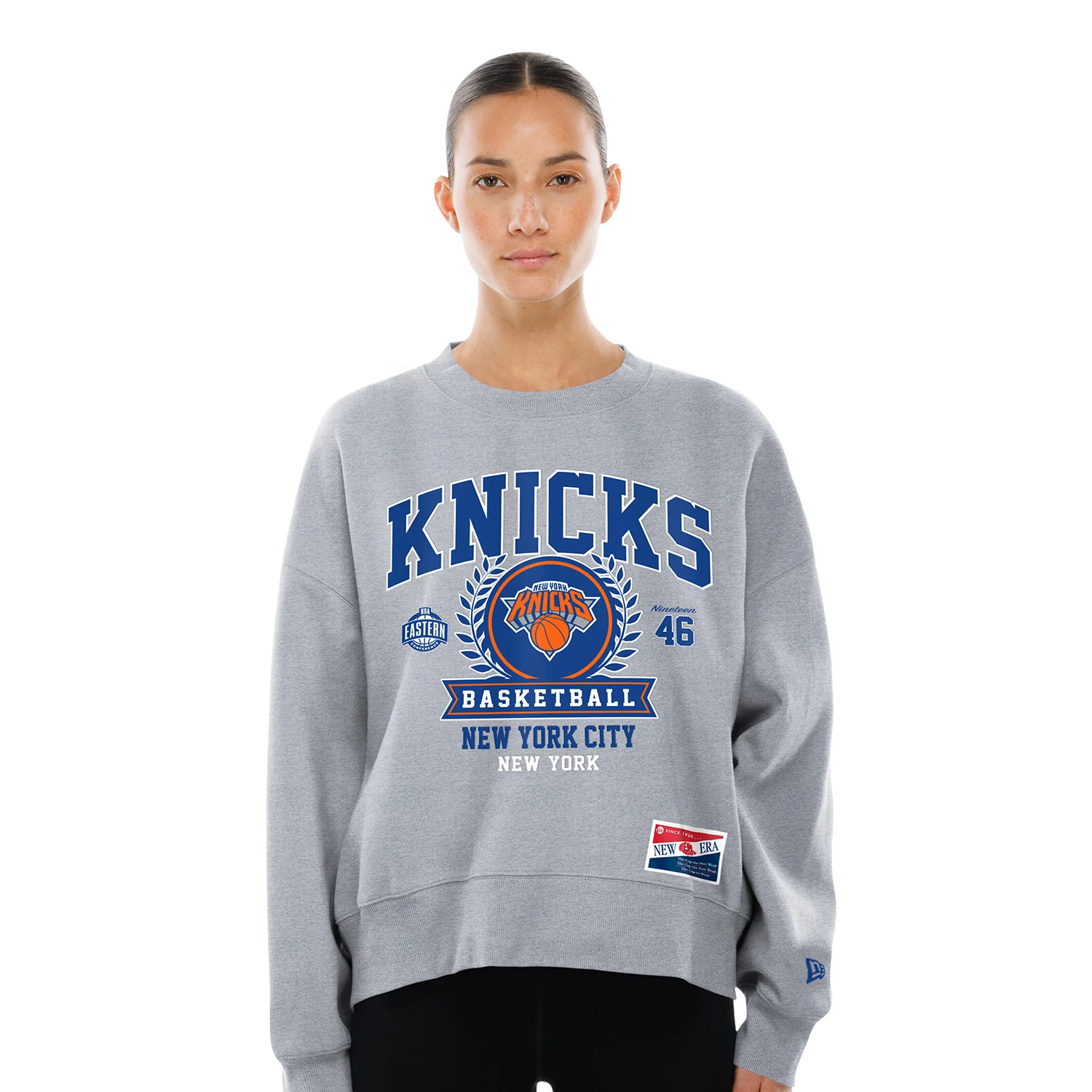 Women's New Era Knicks Throwback Collection Boxy Grey French Terry Crew - Image 3