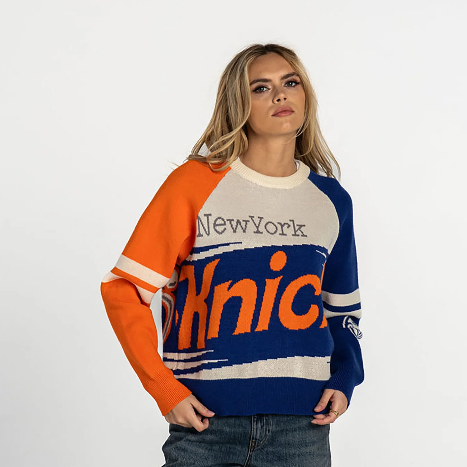 Wild Collective Knicks Cropped Boxy Raglan Jacquard Sweater