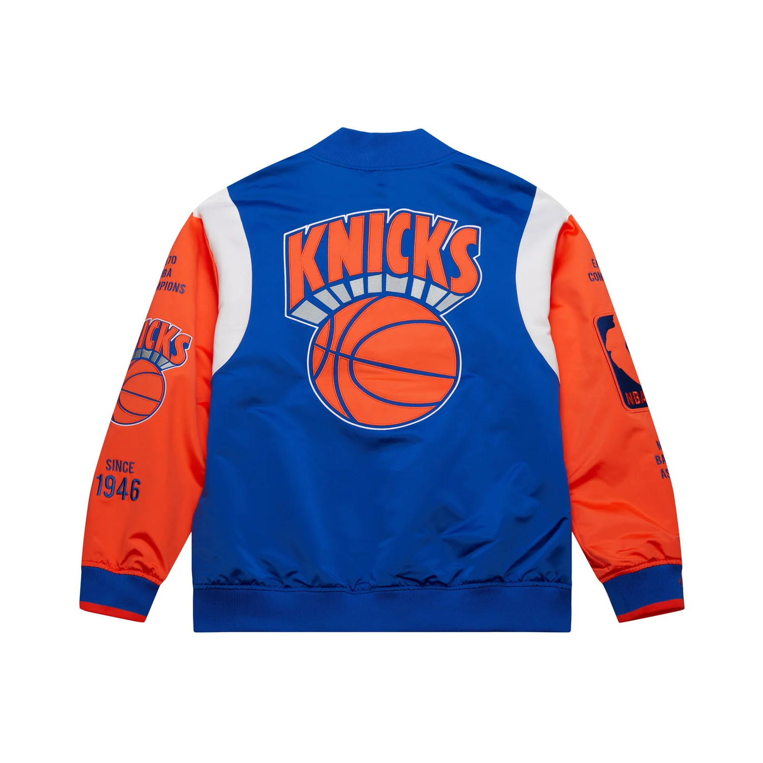 Mitchell & Ness Knicks Team Origins Royal/Orange Satin Jacket - Image 2