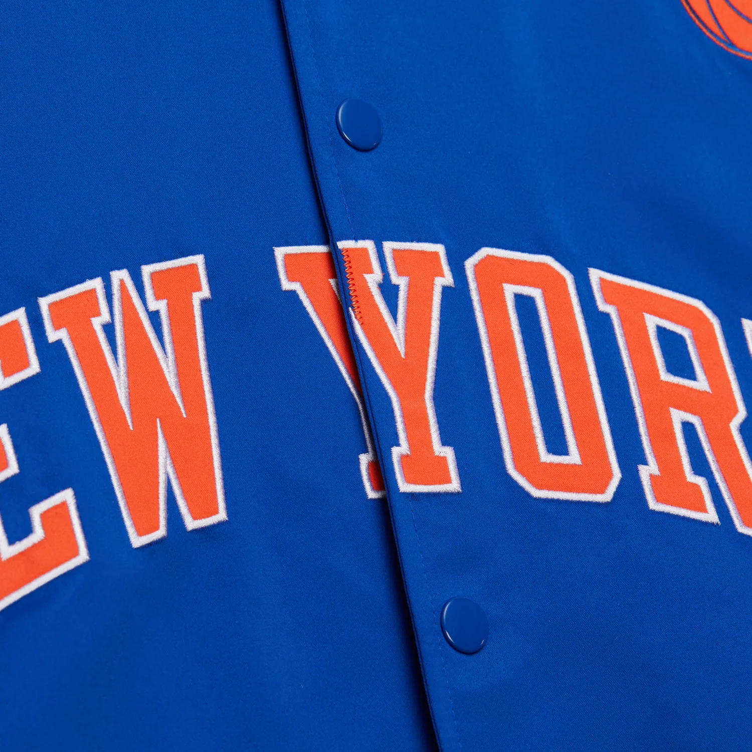 Mitchell & Ness Knicks Team Origins Royal/Orange Satin Jacket - Image 3