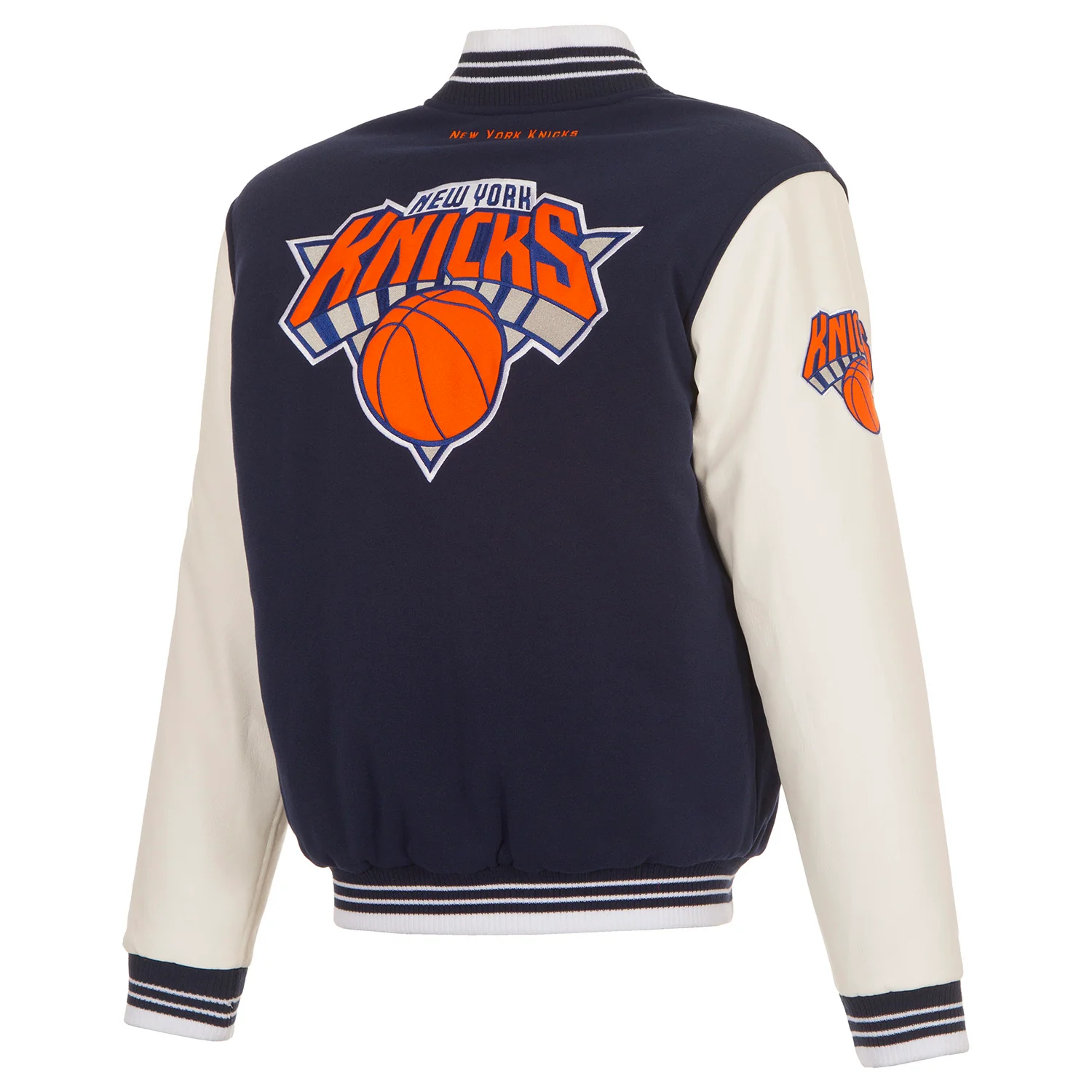 JH Design Knicks Two-Tone Navy/White Patched Varsity Jacket - Image 2