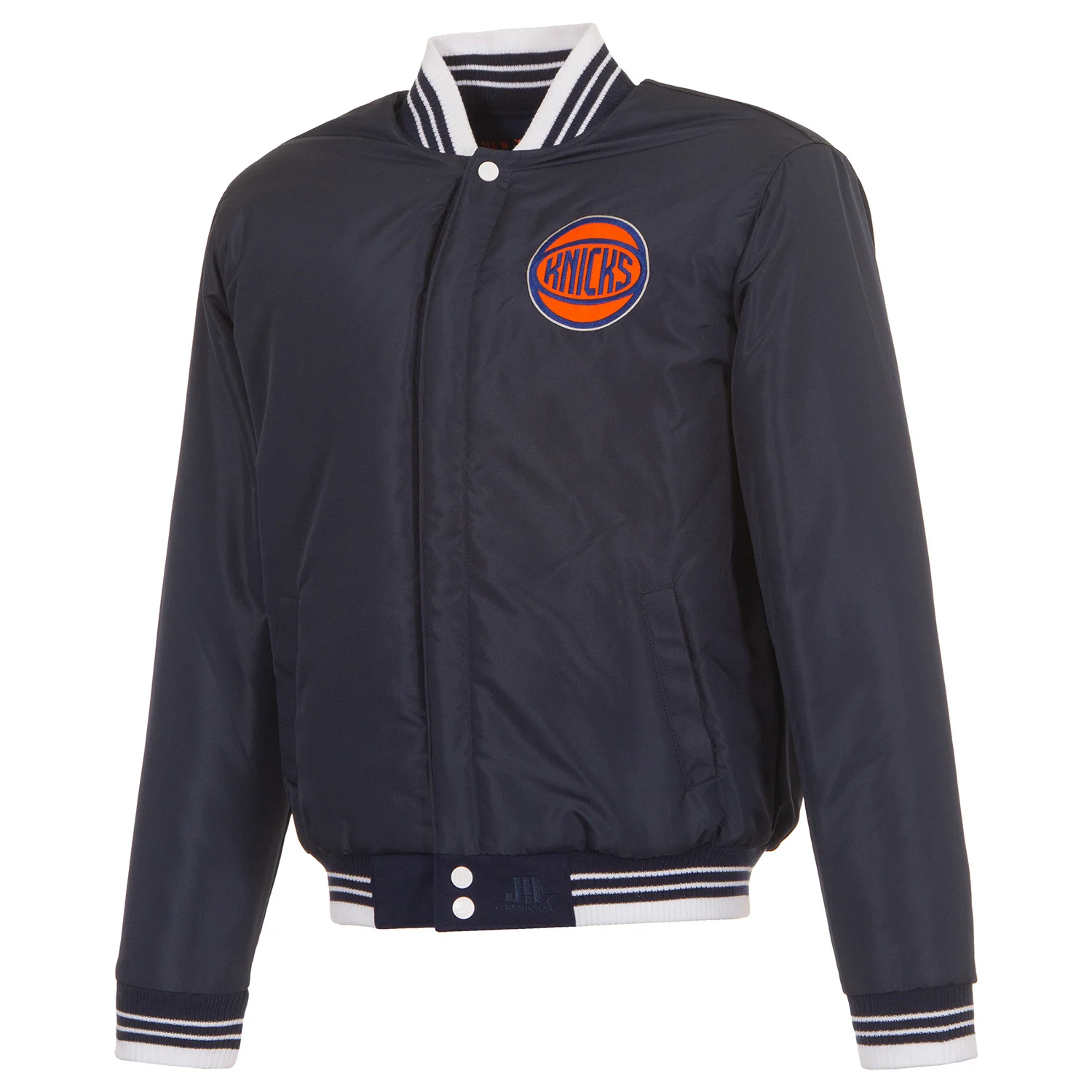 JH Design Knicks Two-Tone Navy/White Patched Varsity Jacket - Image 3