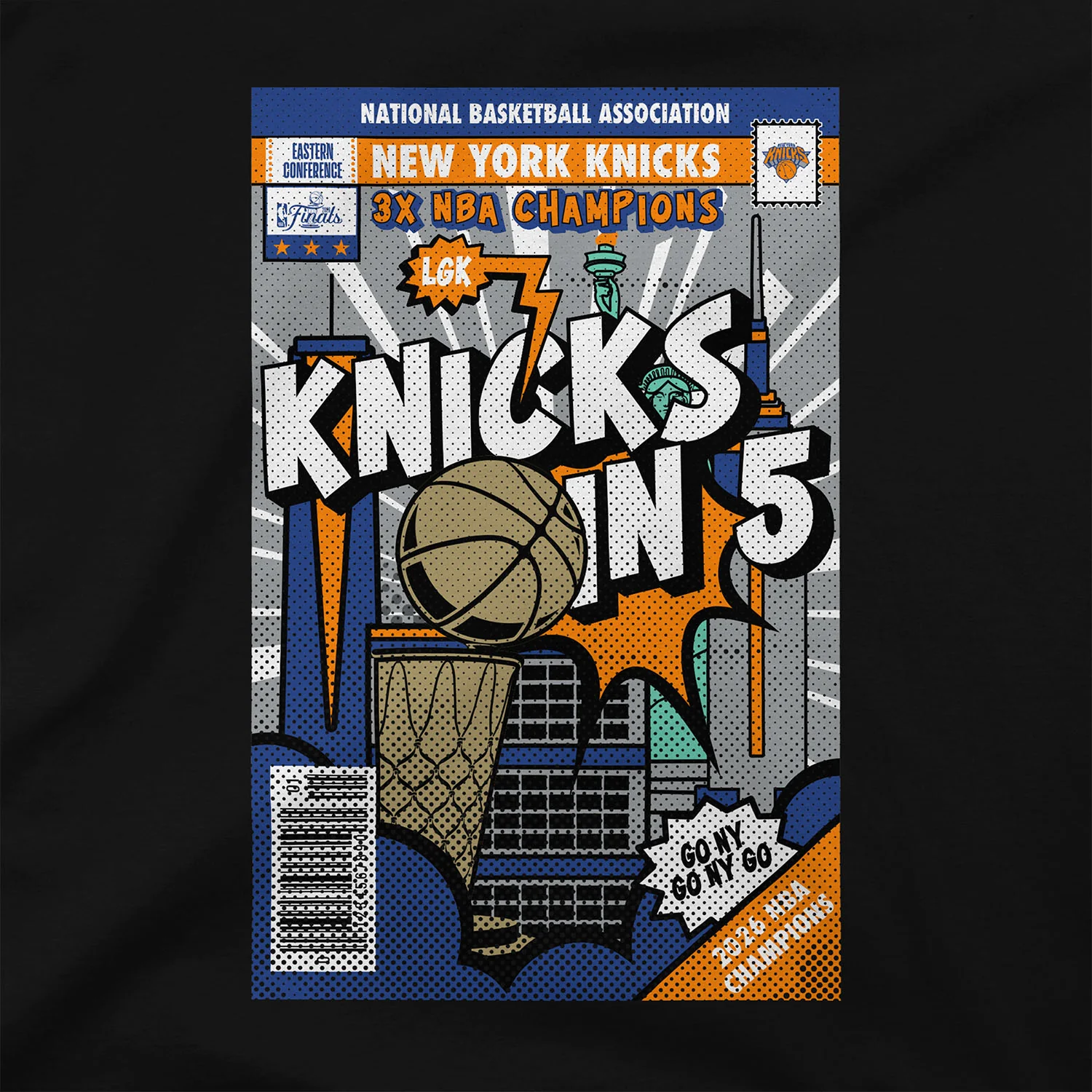 Stadium Essentials Knicks 2026 NBA Champions "Knicks in 5" Comic Book Tee - Image 2