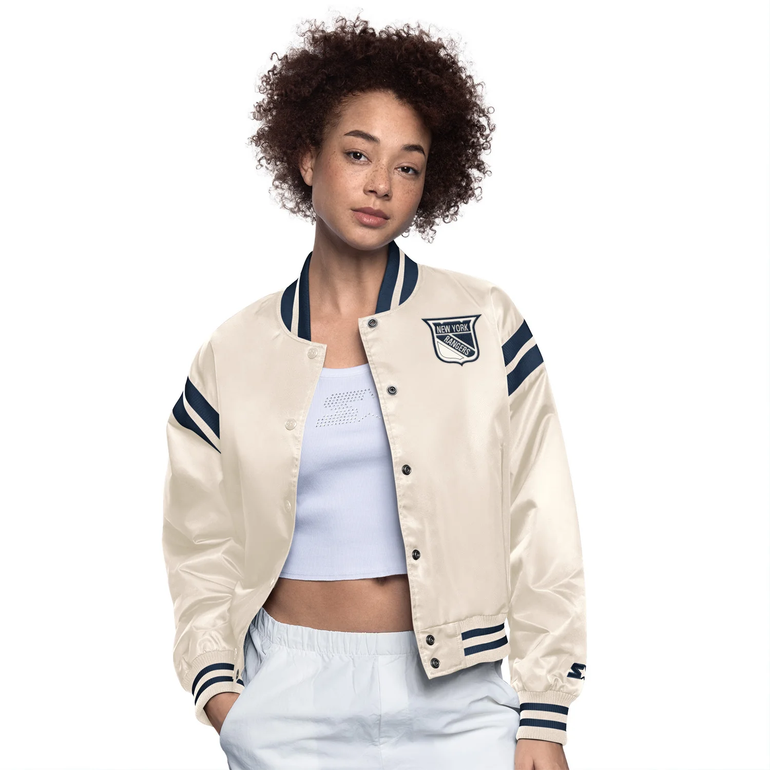 Women's Starter Rangers White Full Count Varsity Jacket