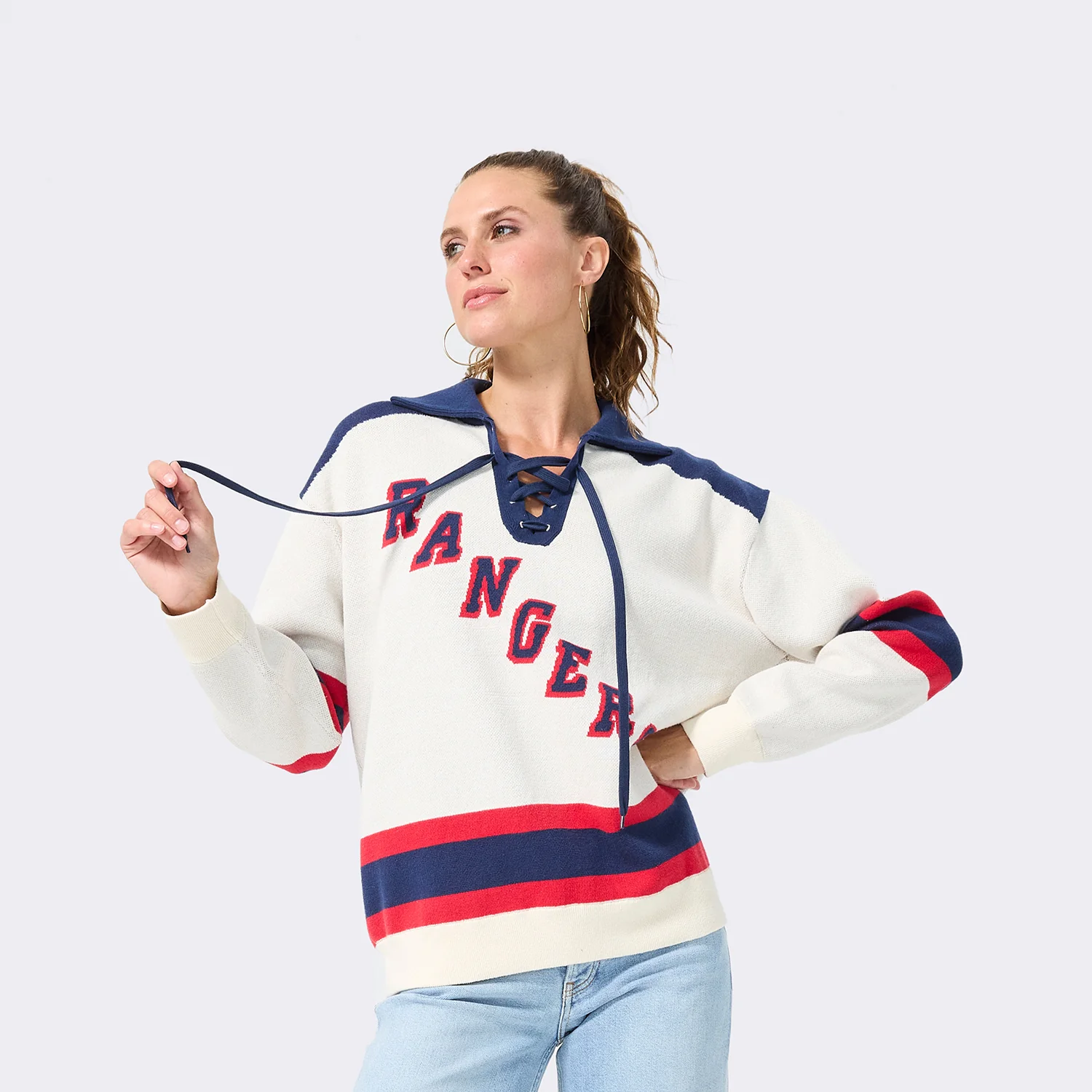 Terez Rangers Hockey Lace Knit Cotton Sweater - Image 4
